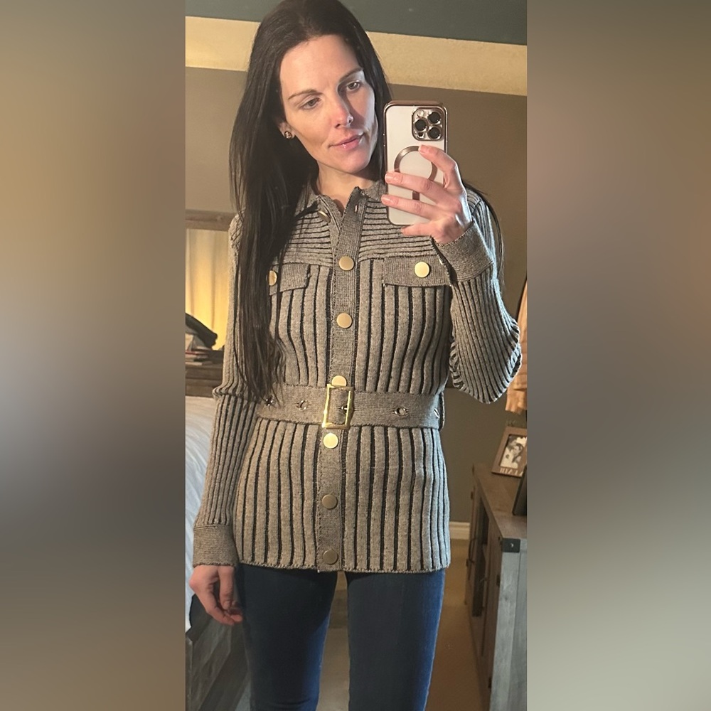 Listicle Gray Ribbed Cardigan with Belt